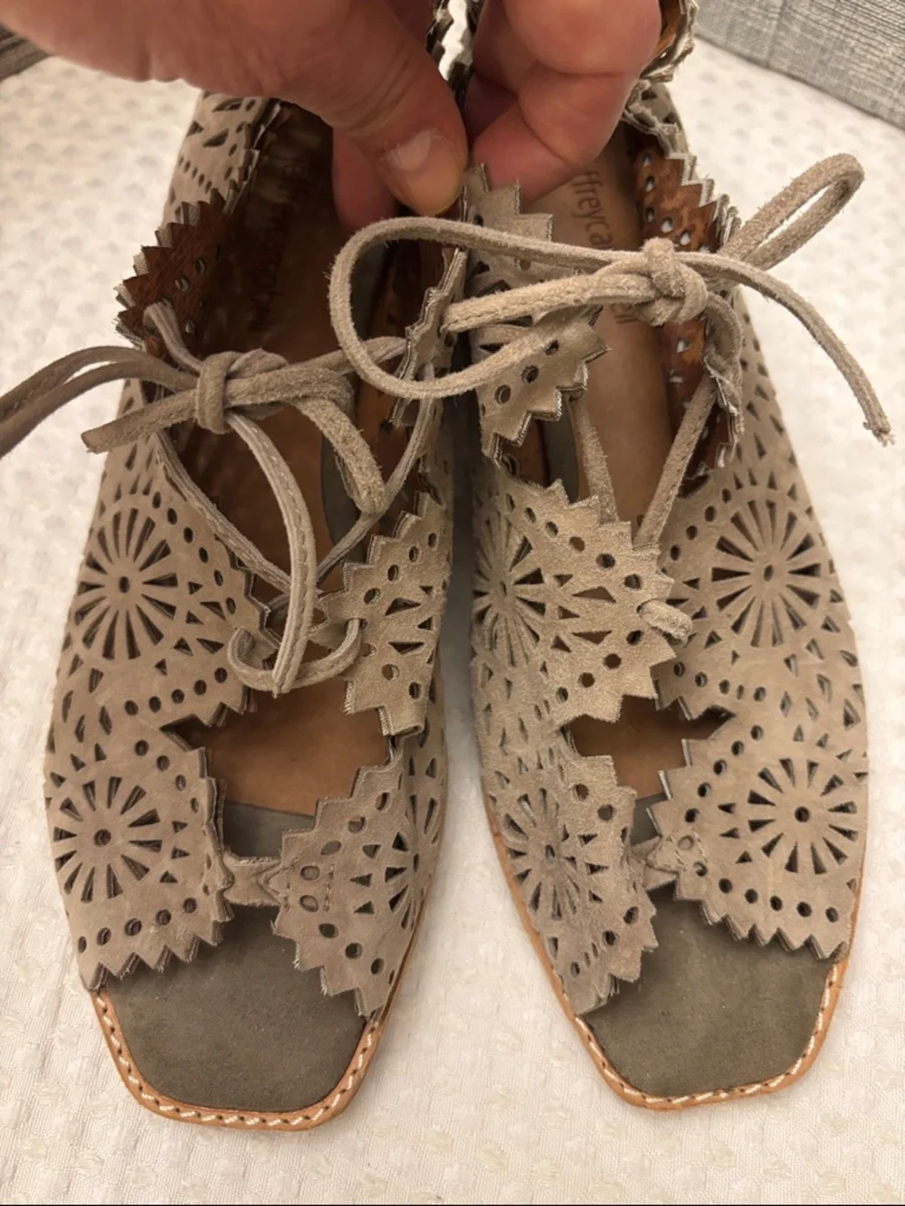 Jeffrey Campbell Espejo 9 Taupe Tan Suede Leather Laser-Cut Lace-Up Wedge Sandal